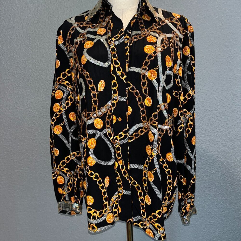Vintage STARINGTON Sequin & Bead Embellished Chain & Coin Silk Blouse - EUC - 8